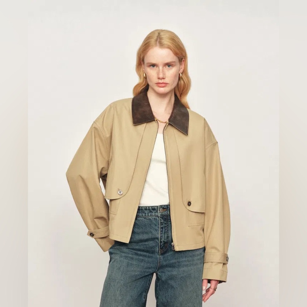 Leather-Trim Khaki Zip Jacket